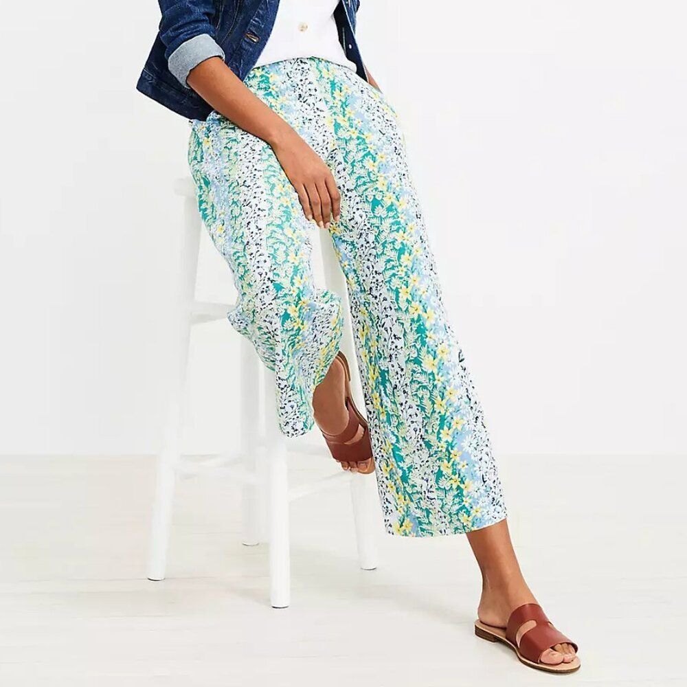 LOFT Floral Wide Leg Pants in Blue, Green & White